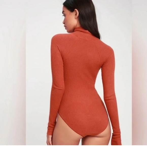 Free People Intimately Bodysuit Size Small Turtleneck Waffle Knit Orange LS - Picture 4 of 12